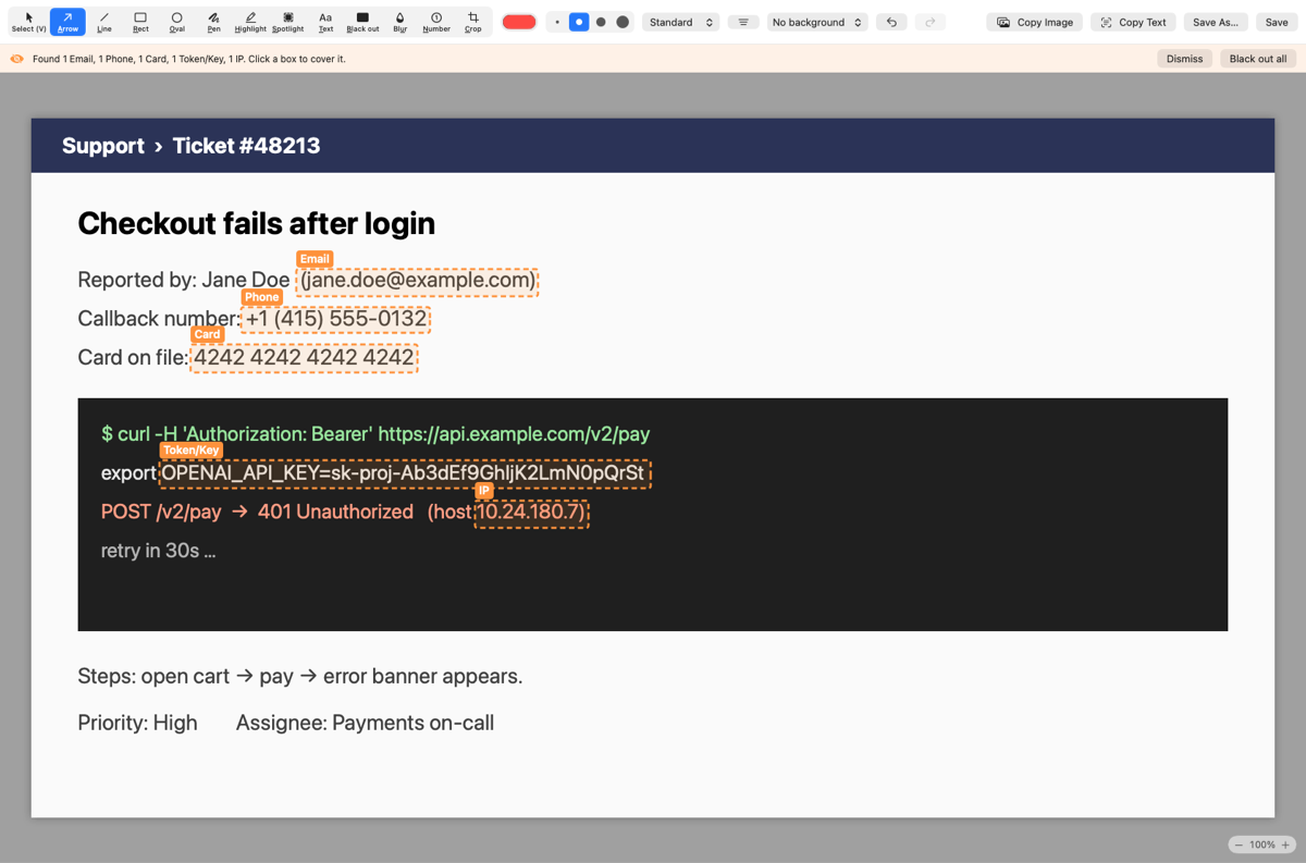 Editor right after a capture: five secrets outlined in orange with labels, and a banner offering Black out all